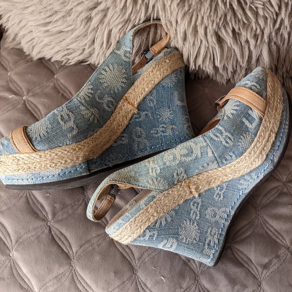 UGG blue high heeled peekaboo toe wedge sandals with rope trim size 8 - Picture 6 of 10